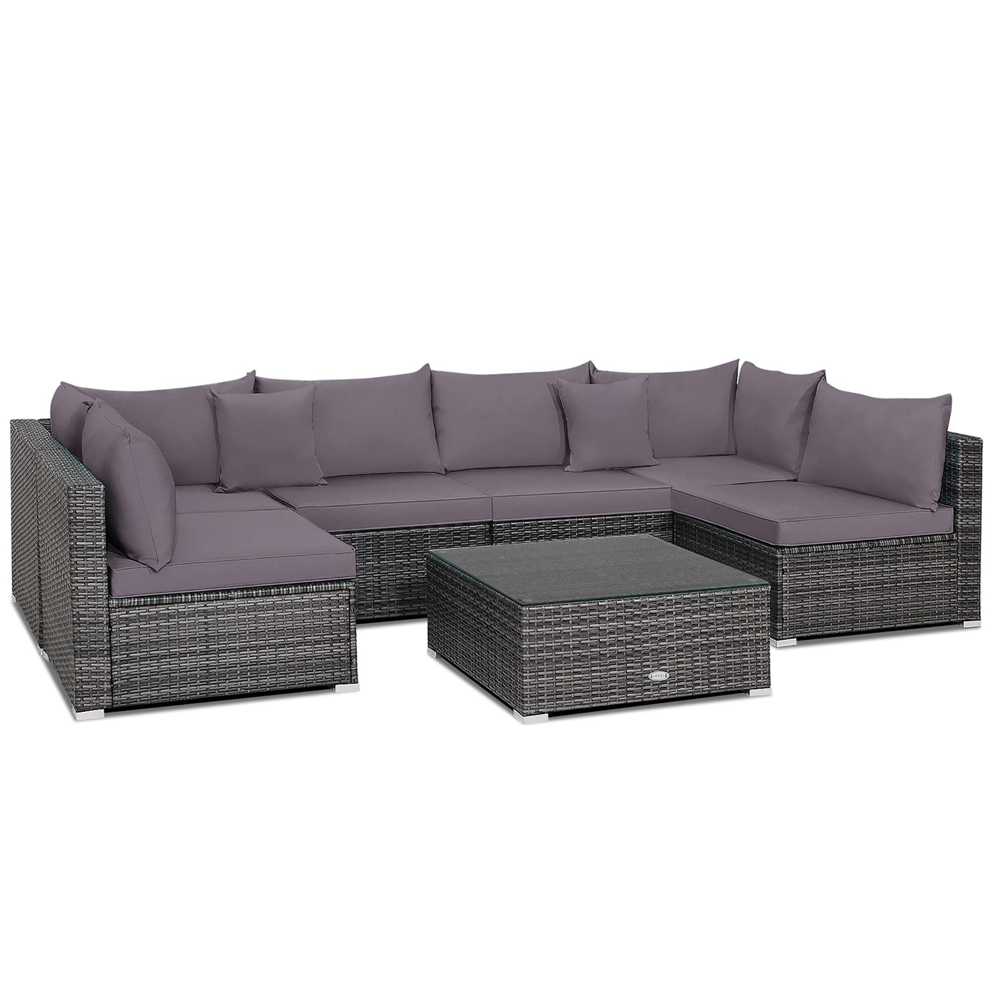Costway 7PCS Patio Rattan Furniture Set Sectional Sofa Cushioned Garden Gray