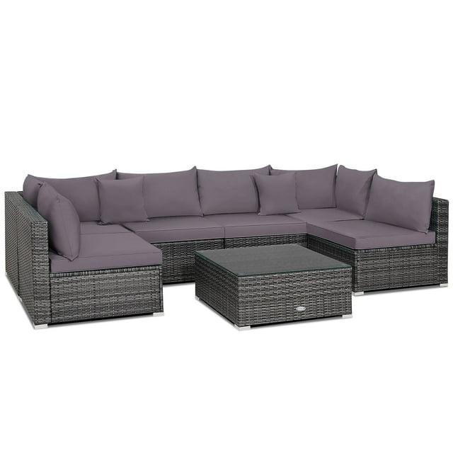 Costway 7PCS Patio Rattan Furniture Set Sectional Sofa Cushioned Garden Gray