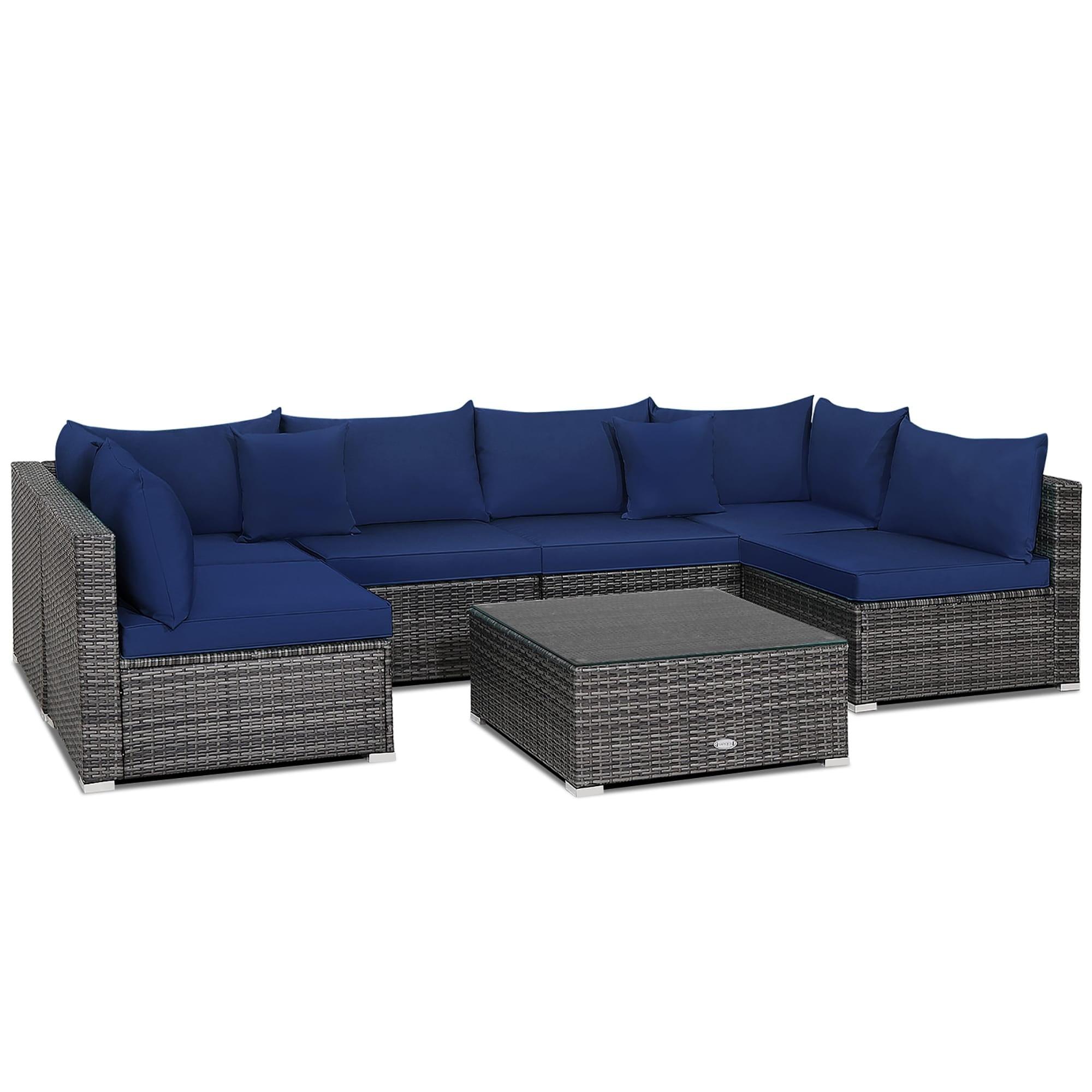 Costway 7PCS Patio Rattan Furniture Set Sectional Sofa Cushioned Garden Navy
