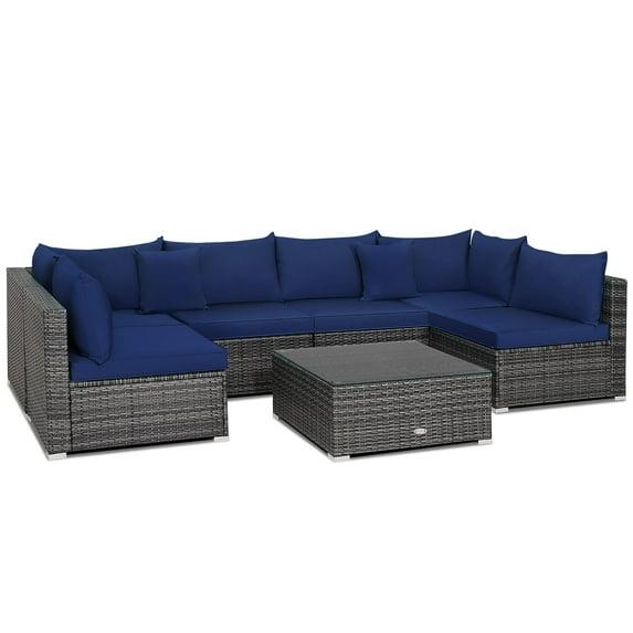 Costway 7PCS Patio Rattan Furniture Set Sectional Sofa Cushioned Garden Navy