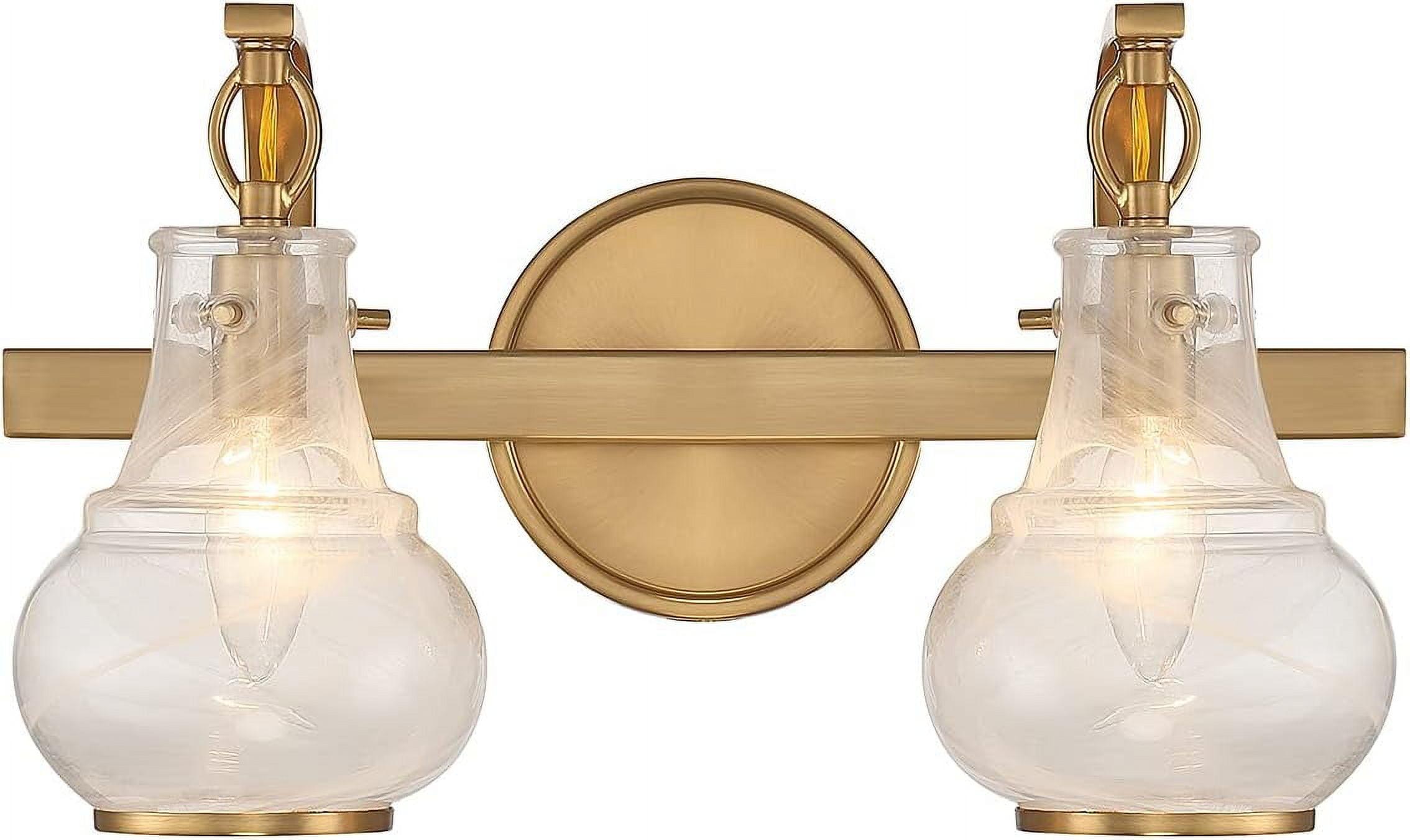 Warm Brass 2-Light Vanity with White Strie Glass Shades