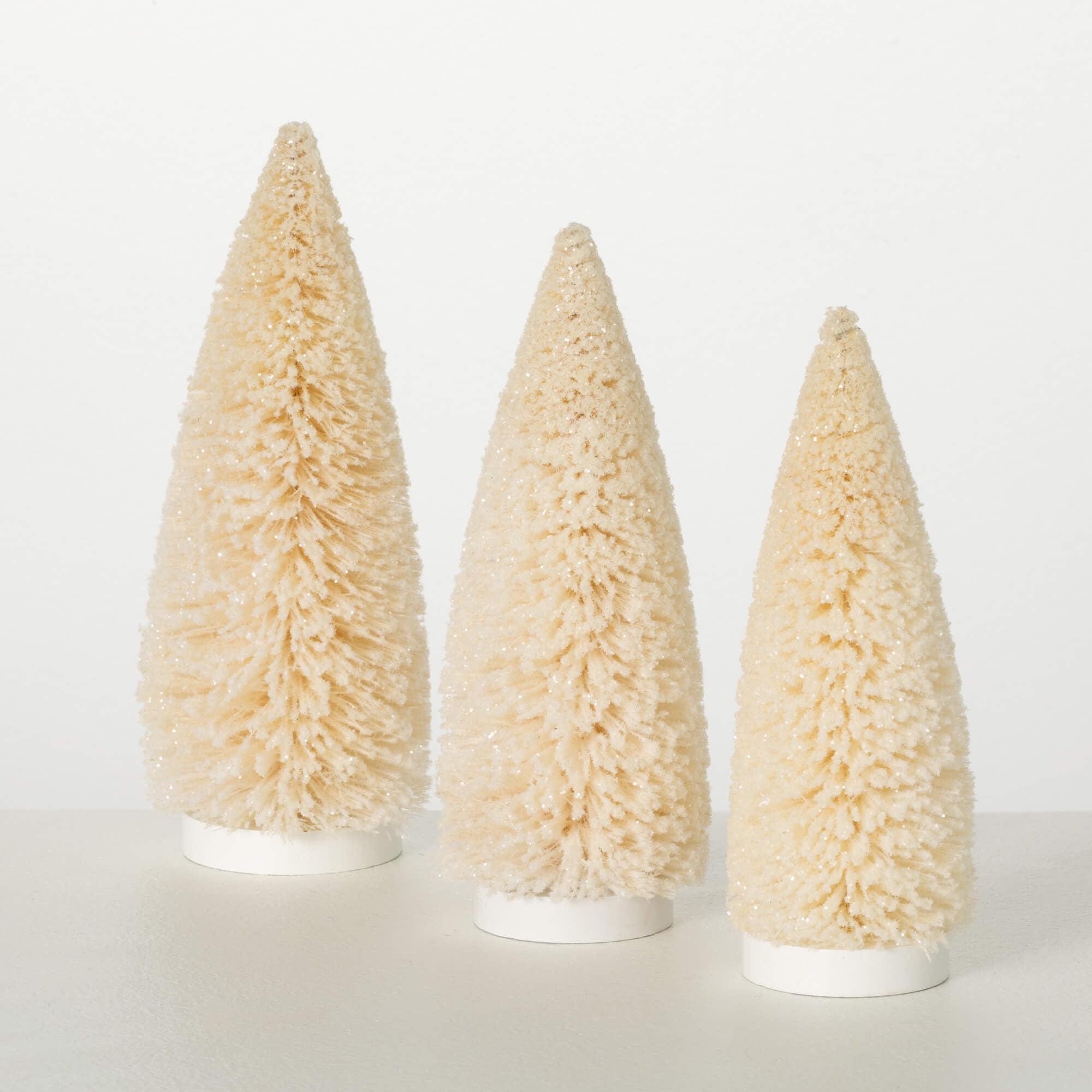 8.5"H 9"H & 10"H Sullivans Christmas Frosty Cream Bottlebrush Trees Set of 3 Indoor Christmas Decor