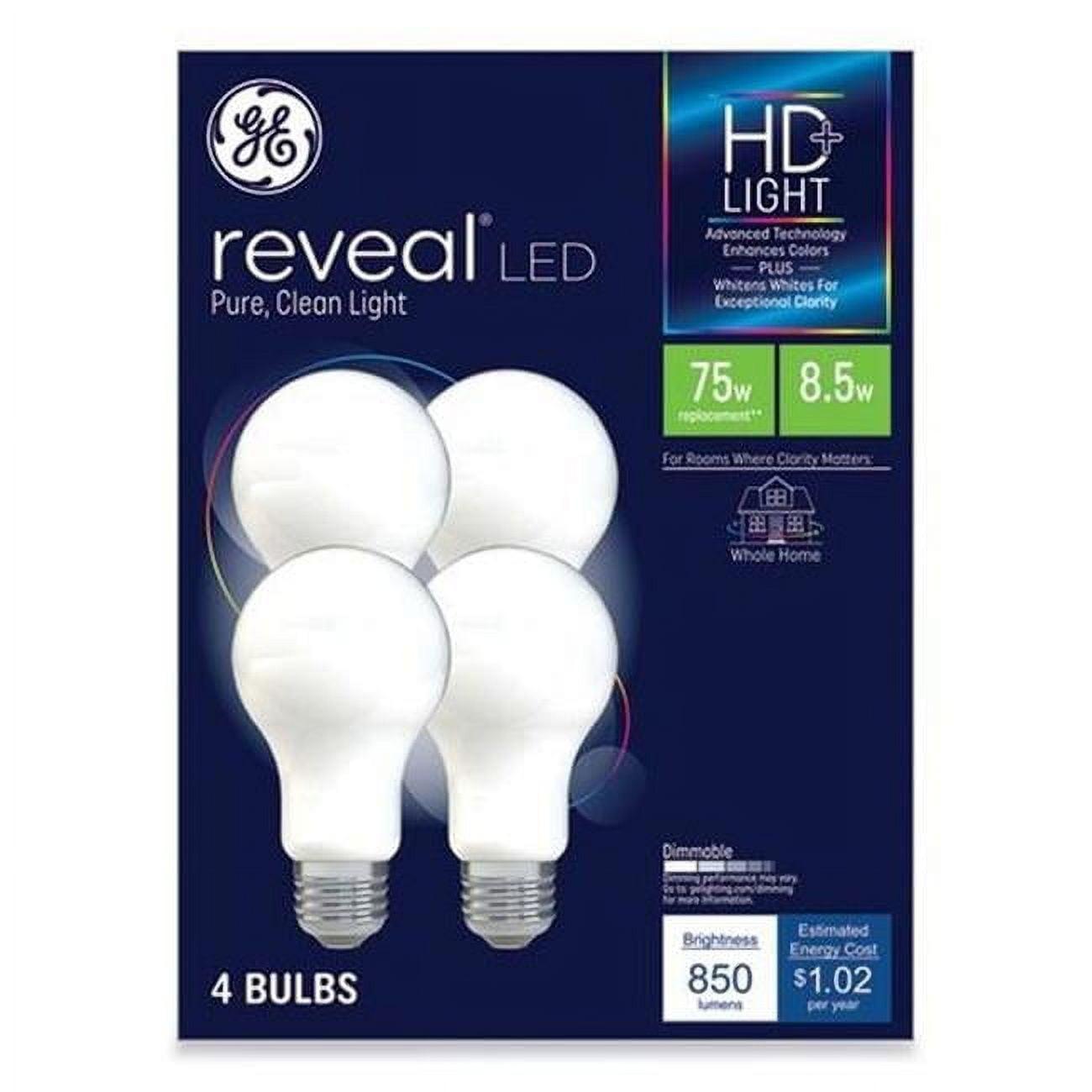GE 4pk 75W Reveal A19 LED Light Bulbs Daylight: Dimmable, 850 Lumens, 2850K, E26 Base, 13.7-Year Life, Suitable for Wet Locations