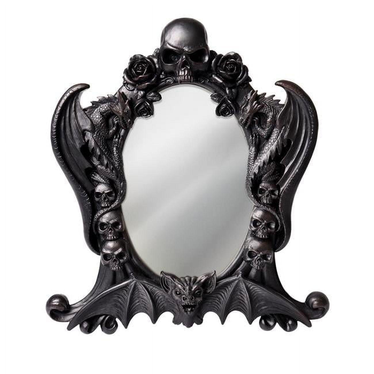 Gothic Black Resin Mirror with Skulls, Roses, and Bats