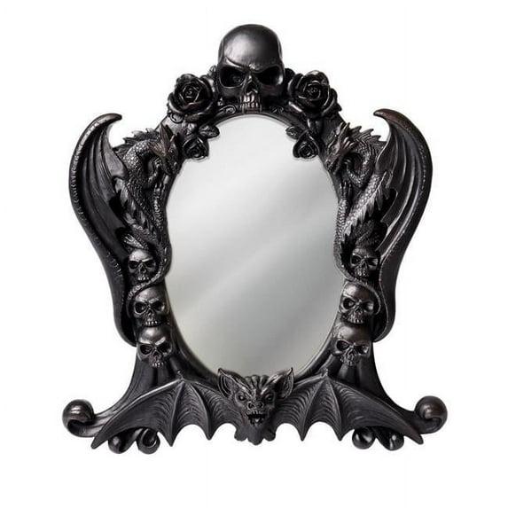 Gothic Black Resin Mirror with Skulls, Roses, and Bats