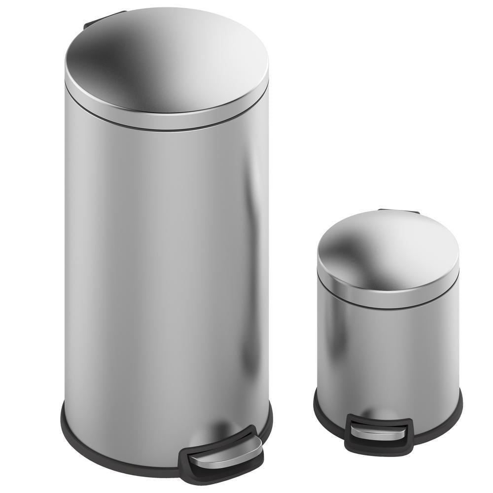 8 Gal./30-Liter And 1.3 Gal./5-Liter Fingerprint Free Stainless Steel Round Step-on Trash Can Set