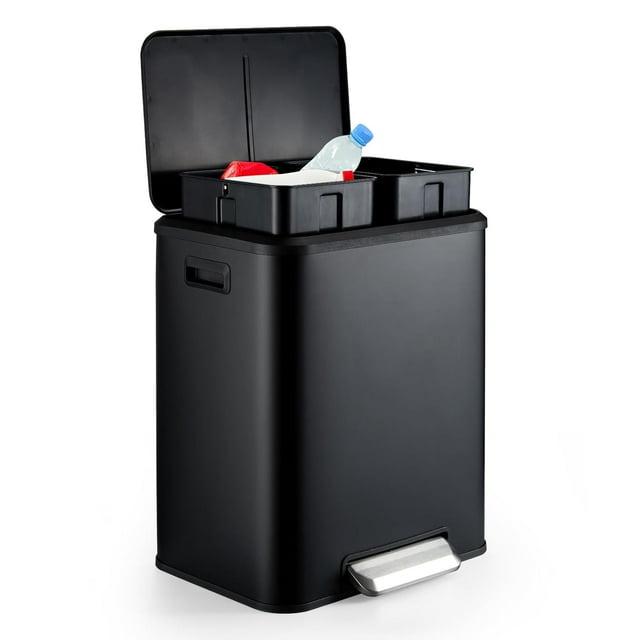8 Gallon Kitchen Trash Can, Recycle Trash Can with Dual Removable Liners, Stainless Steel Dual Trash and Recycling Bin (4 + 4 for 8 Gallon Total), Rectangle, Black