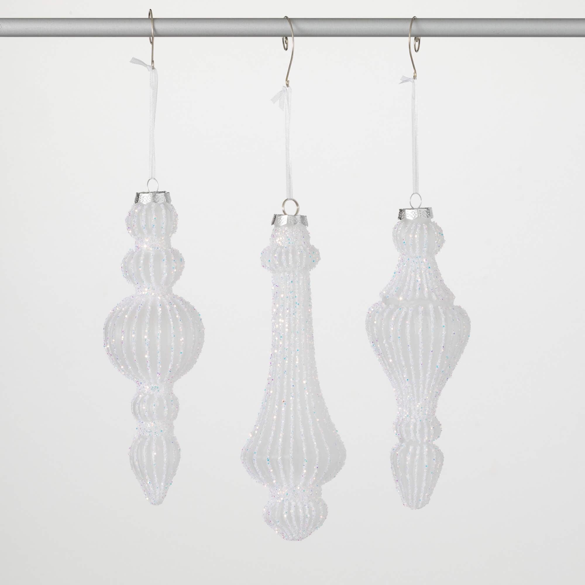 Opaque White Ribbed Glass Finial Ornaments Set of 3