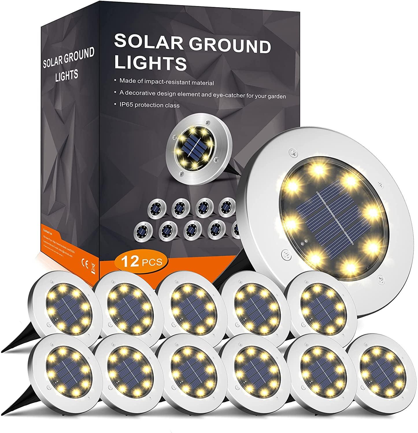 8 LED Garden Lights Solar Powered,Disk Lights Waterproof In-Ground Outdoor Landscape Lighting for Patio Pathway Lawn Yard Deck Driveway Walkway,Warm White 12 Packs