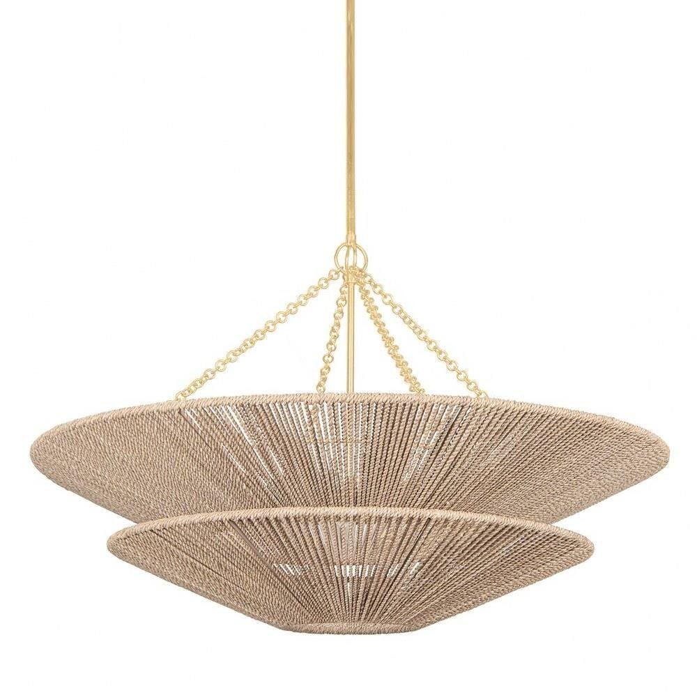 Natural Woven Rattan Two-Tier Gold Leaf Chandelier