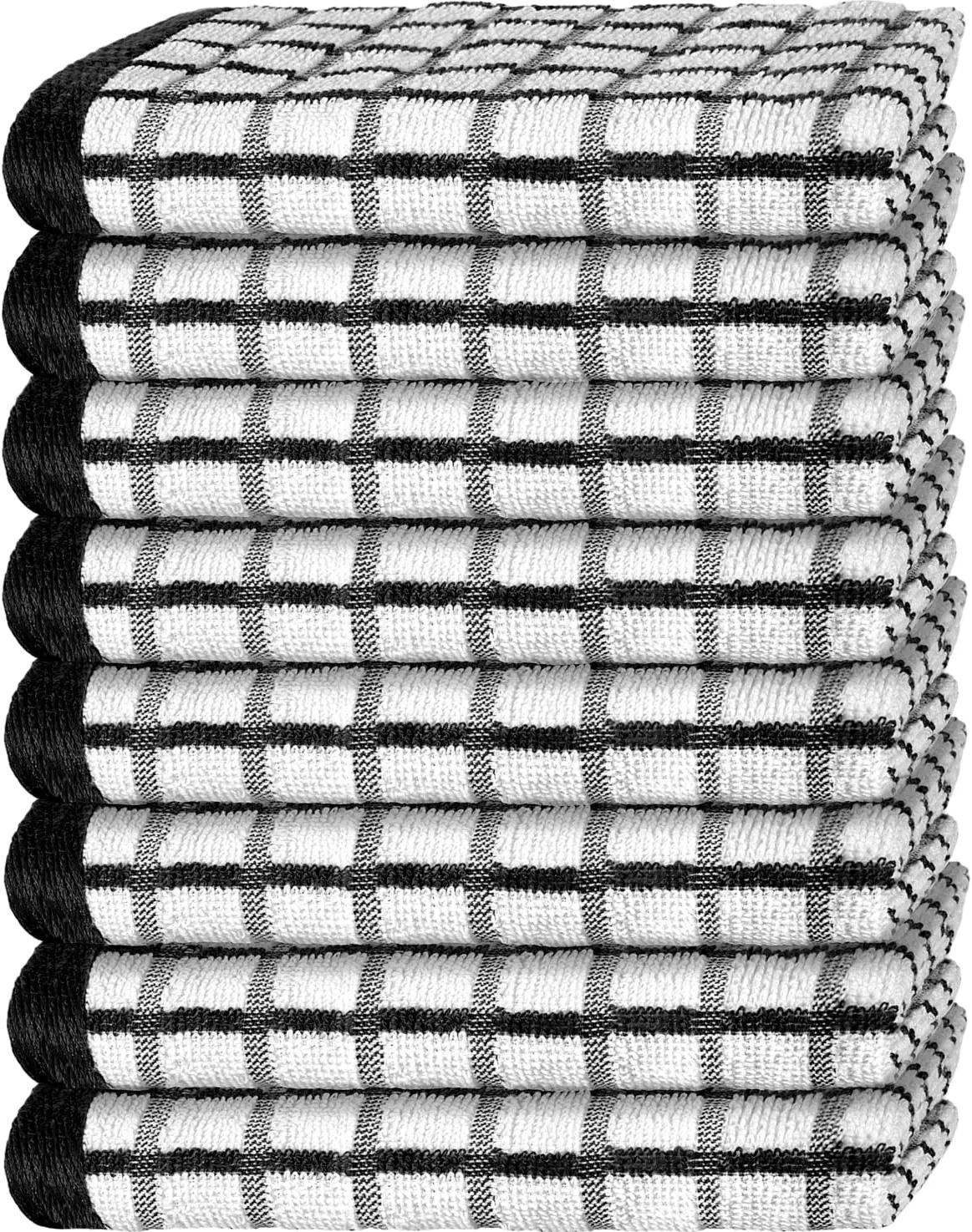 White Classic 100% Cotton Checkered Design Kitchen Towel Set of 8 - 16x26" Black