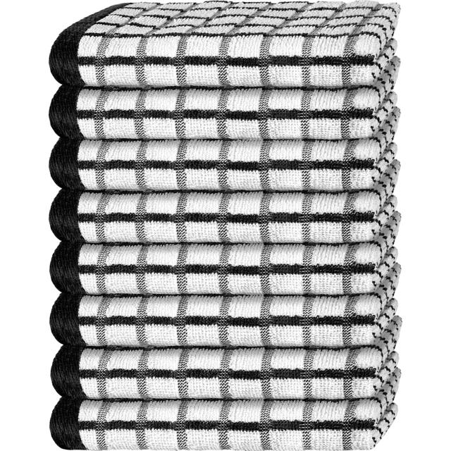 White Classic 100% Cotton Checkered Design Kitchen Towel Set of 8 - 16x26" Black
