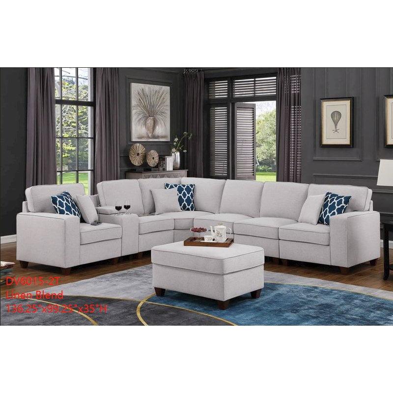 Light Gray 8-Piece Linen Blend Sectional Sofa with Ottoman and Console