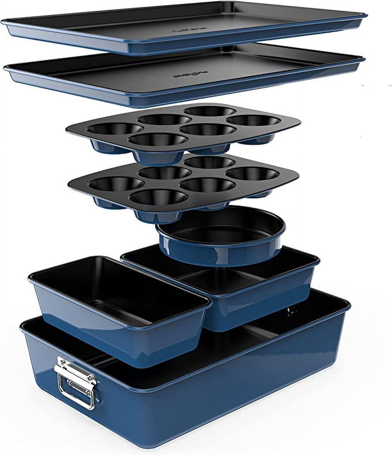 NutriChef 8-Piece Nonstick Stackable Bakeware Set - Pfoa, Pfos, Ptfe Free Baking Tray Set W/ Non-Stick Coating, 450°F Oven Safe, Round Cake, Loaf, Muffin, Wide/Square Pans, Cookie Sheet