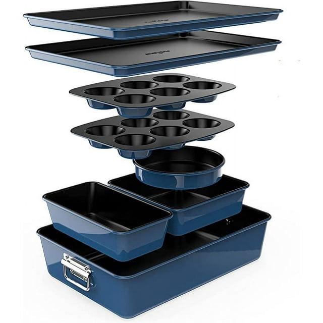 NutriChef 8-Piece Nonstick Stackable Bakeware Set - Pfoa, Pfos, Ptfe Free Baking Tray Set W/ Non-Stick Coating, 450°F Oven Safe, Round Cake, Loaf, Muffin, Wide/Square Pans, Cookie Sheet
