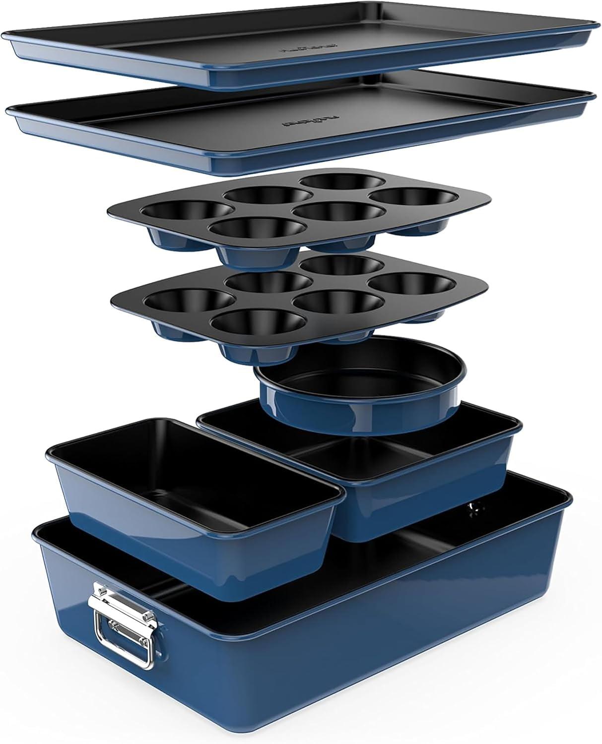 NutriChef 8-Piece Nonstick Stackable Bakeware Set - Pfoa, Pfos, Ptfe Free Baking Tray Set W/ Non-Stick Coating, 450°F Oven Safe, Round Cake, Loaf, Muffin, Wide/Square Pans, Cookie Sheet