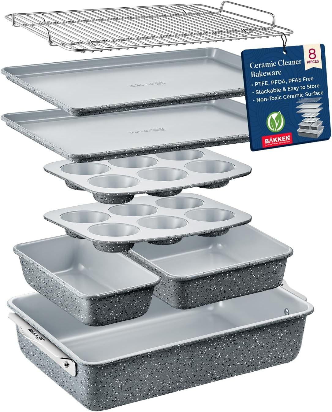 Bakken Swiss 8-Piece Stackable Bakeware Set - Ceramic Non-Stick Coating - MARBLE