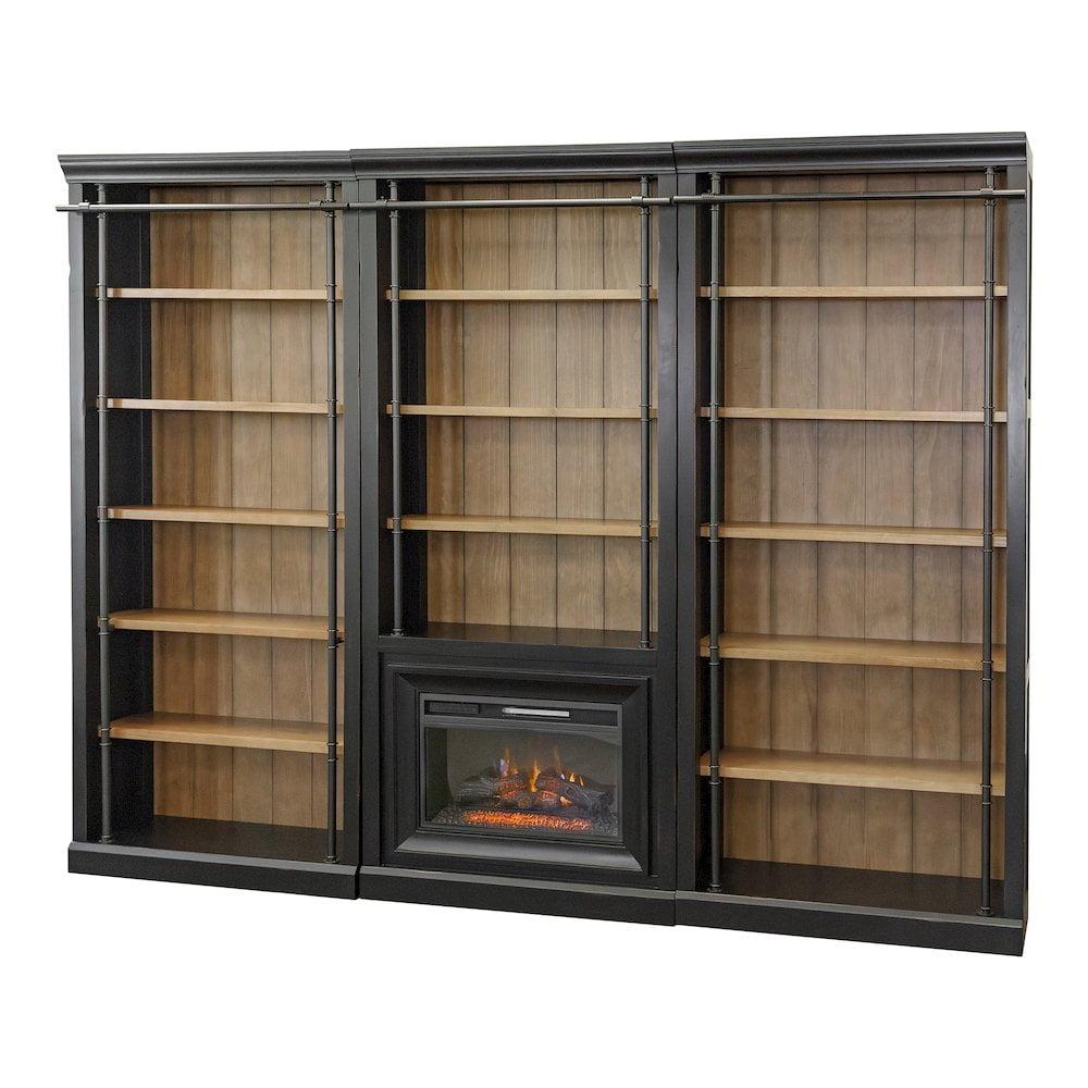 Birch Lane™ Frye Three 8' Tall Bookcase Wall With Fireplace and Ladder, Storage Organizer, Black