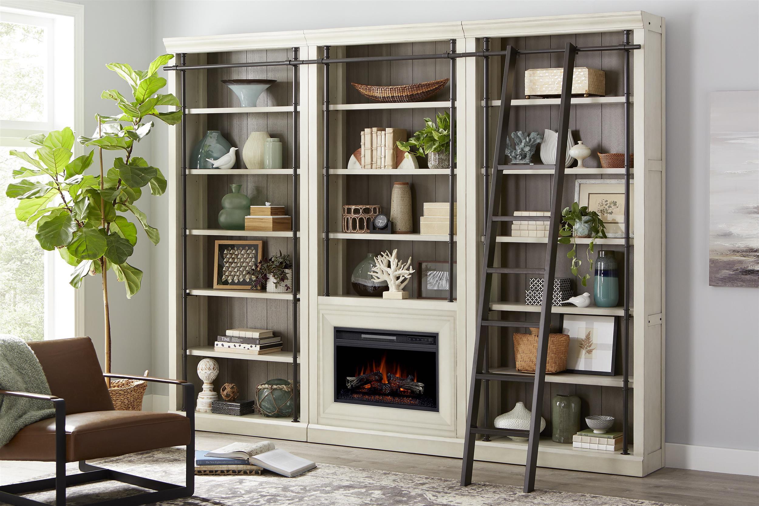 Birch Lane™ Frye Three 8' Tall Bookcase Wall With Fireplace and Ladder, Storage Organizer, Black