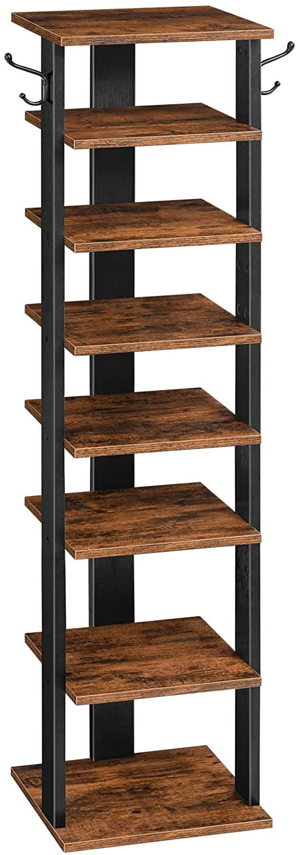 8 Tiers Vertical Shoe Rack, Wooden Shoe Storage Organizer with Hooks, Narrow Shoe Tower for 8 Pairs, Space Saving, for Entryway, Living Room, Bedroom, Rustic Brown BF07XJ01G1