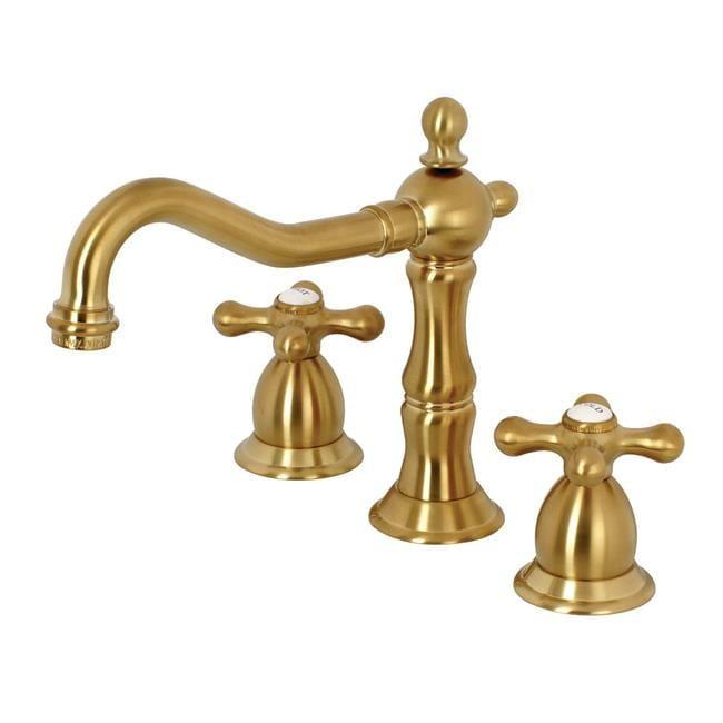 Kingston Brass Heritage Two-Handle 3-Hole Deck Mount Widespread Bathroom Faucet with Brass Pop-Up Drain