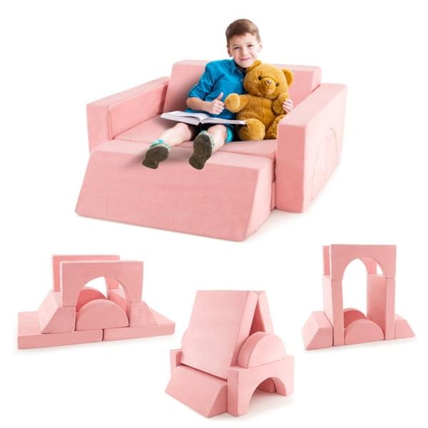 Costway Kids Modular Play Sofa 8 PCS with Detachable Cover for Playroom & Bedroom Indoor Pink