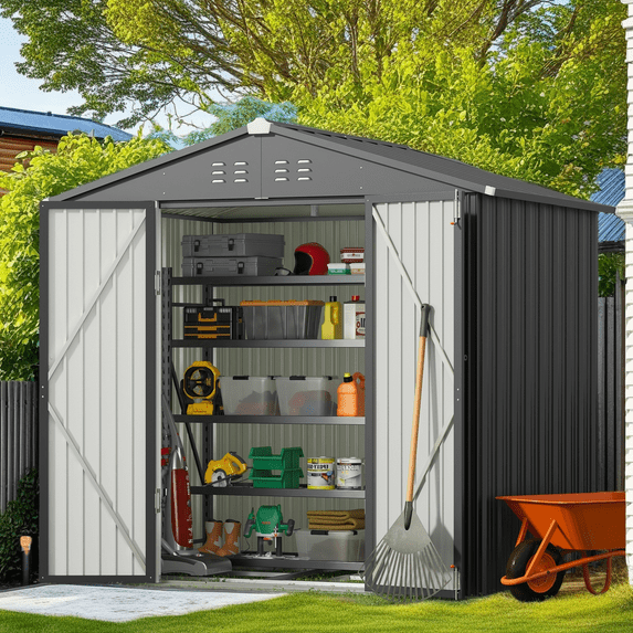 Aiho 8x6ft Secure Lockable Storage Shed - Outdoor Garden Shed with Double Doors, Gray