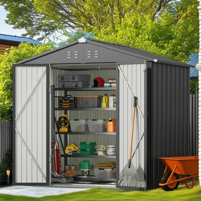 Aiho 8x6ft Secure Lockable Storage Shed - Outdoor Garden Shed with Double Doors, Gray