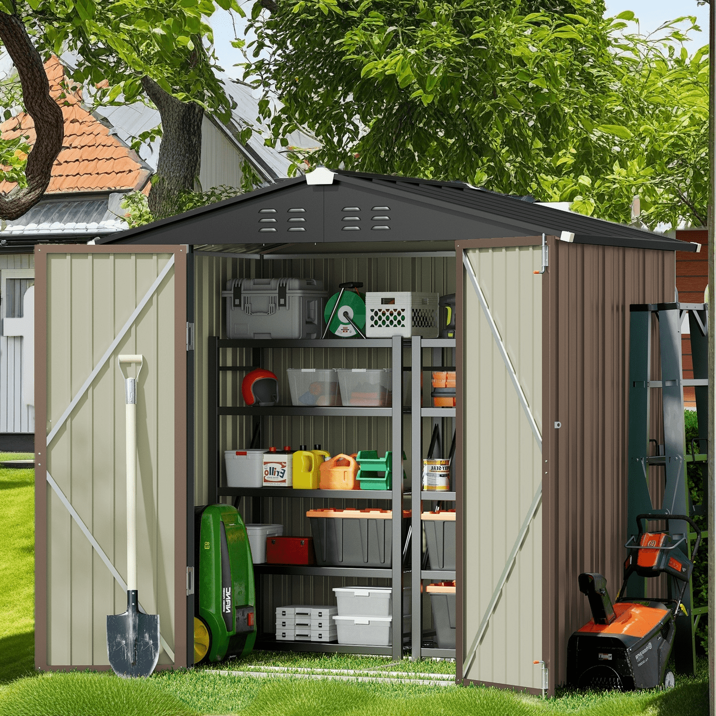 Aiho 8x6ft Secure Lockable Storage Shed - Outdoor Garden Shed with Double Doors, Gray