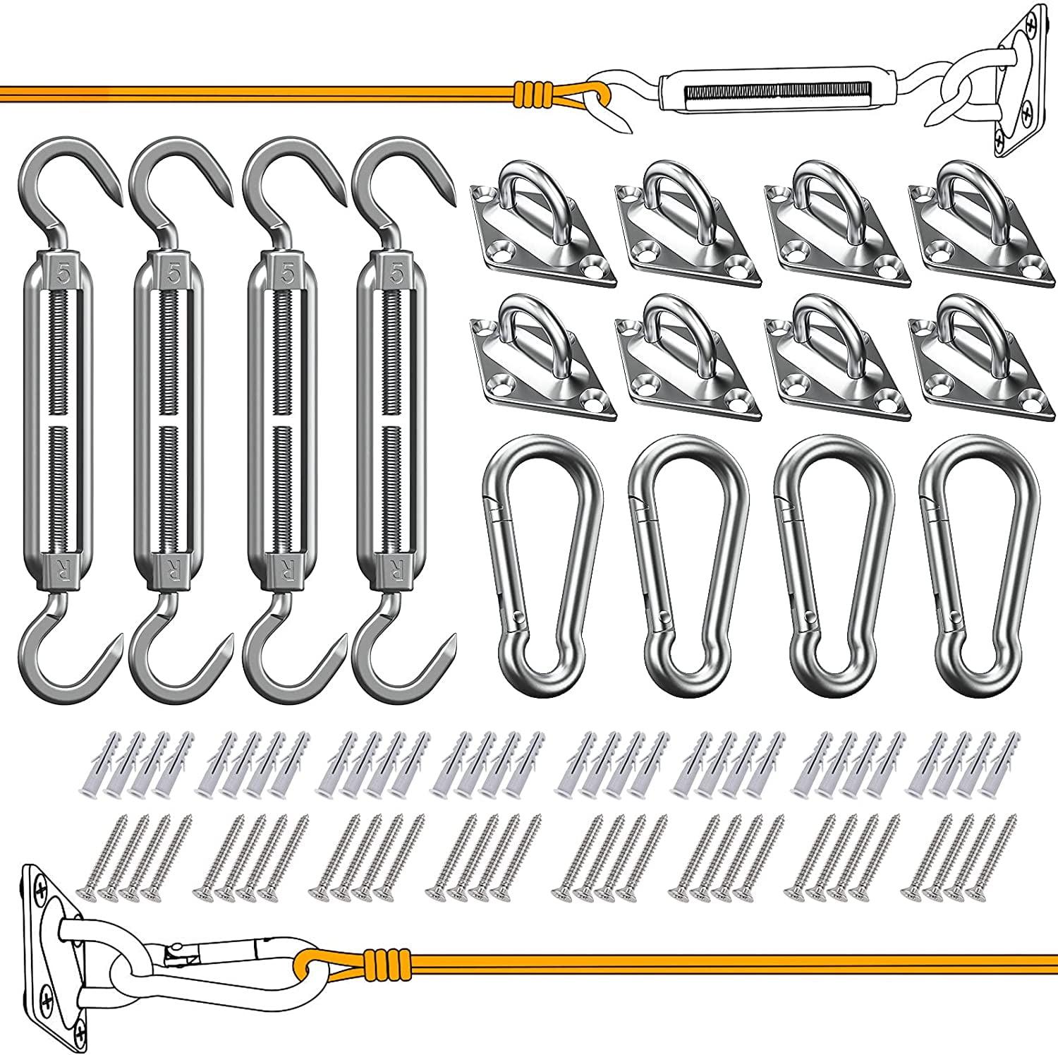 80 Pcs Sun Shade Sail Hardware Kit 5 inch 304 Stainless Steel for Rectangular/Square/Triangle Sun Shade Sail Installation Lawn and Garden, Heavy Duty Anti-Rust Sail Shade Hardware Kit