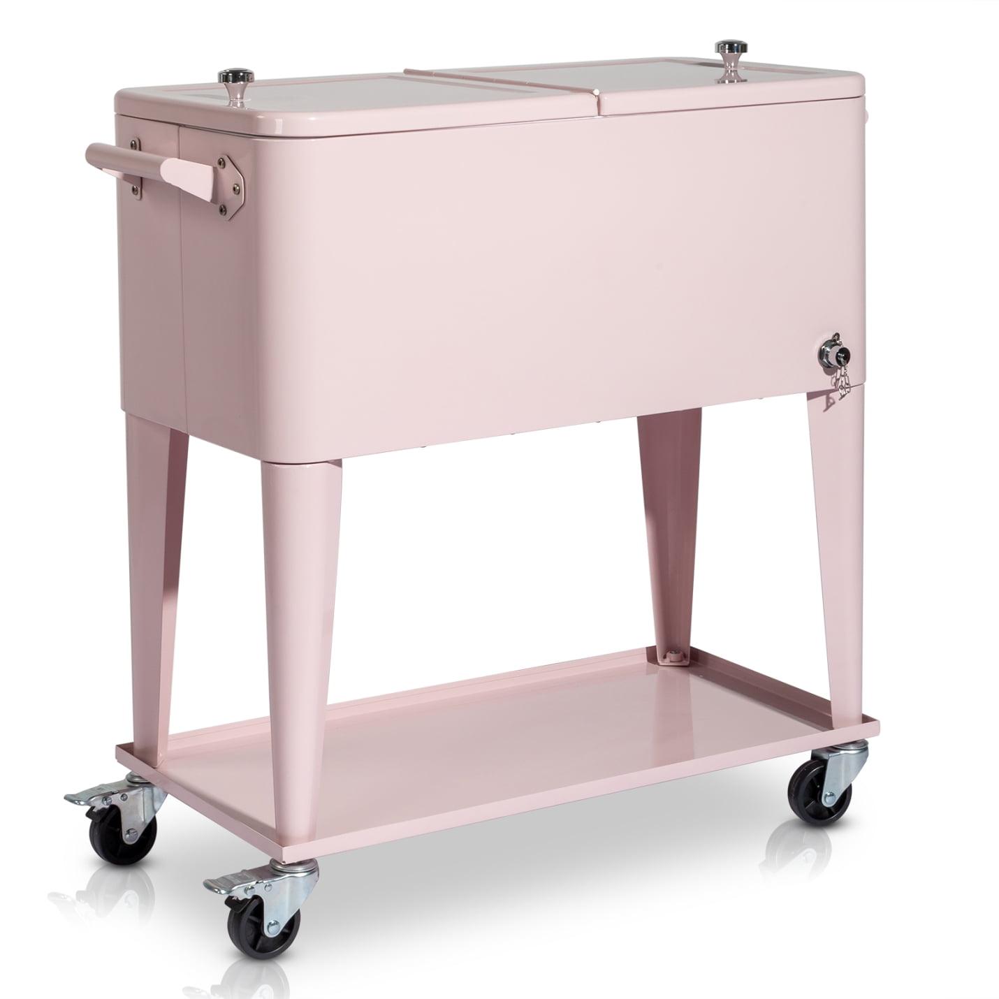 80 Qt Pink Metal Rolling Cooler with Lower Shelf and Lockable Wheels