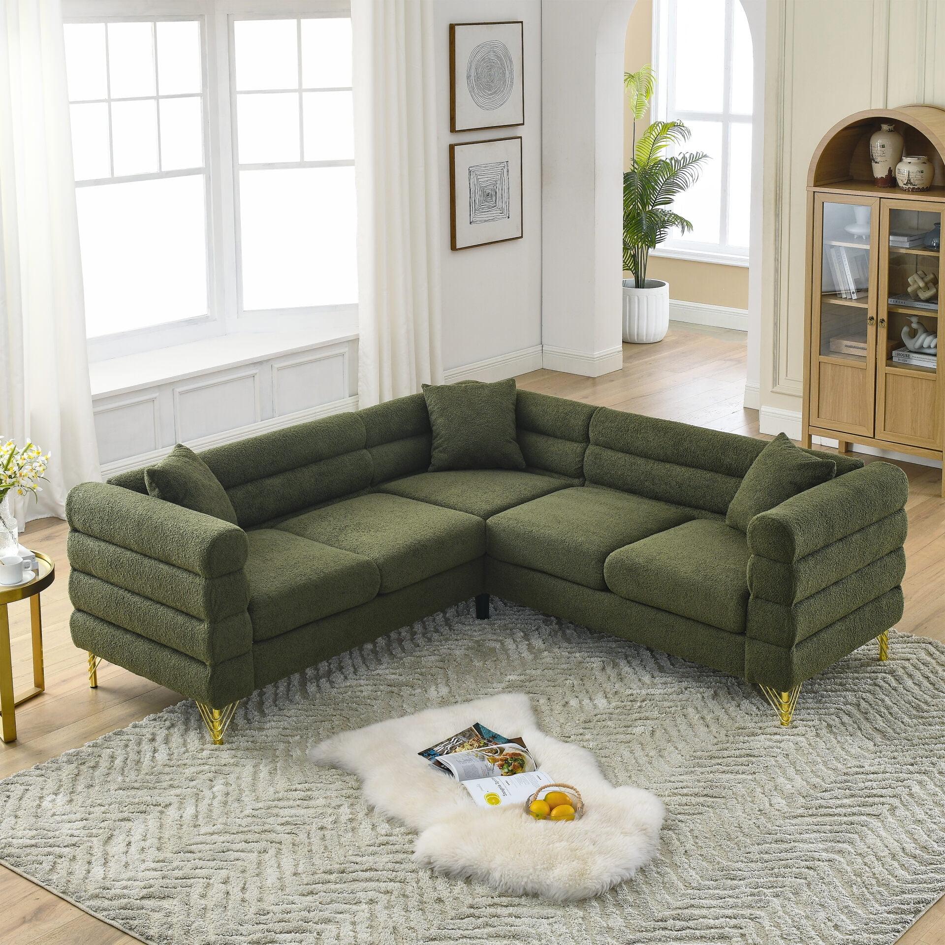 81.5" Oversized L-Shaped Sectional Sofa, Upholstered Teddy Fabric Corner Sofa with 3 Pillow, 5-Seater Corner Sofas with Padded Cushions, Indoor Modular Sofa for Living Room, Bedroom, Office, Green
