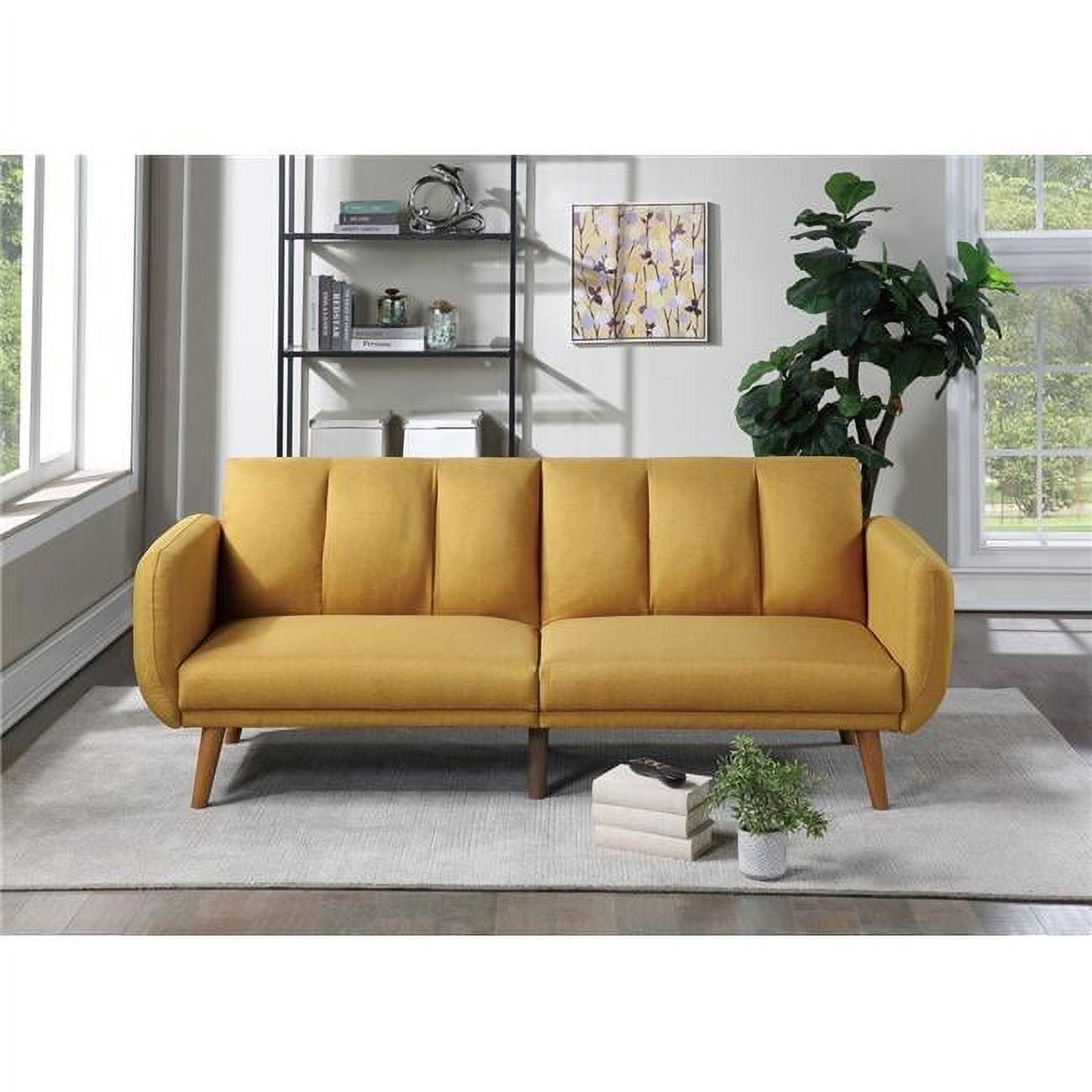 Mustard Faux Leather Tufted Sleeper Sofa with Wooden Legs