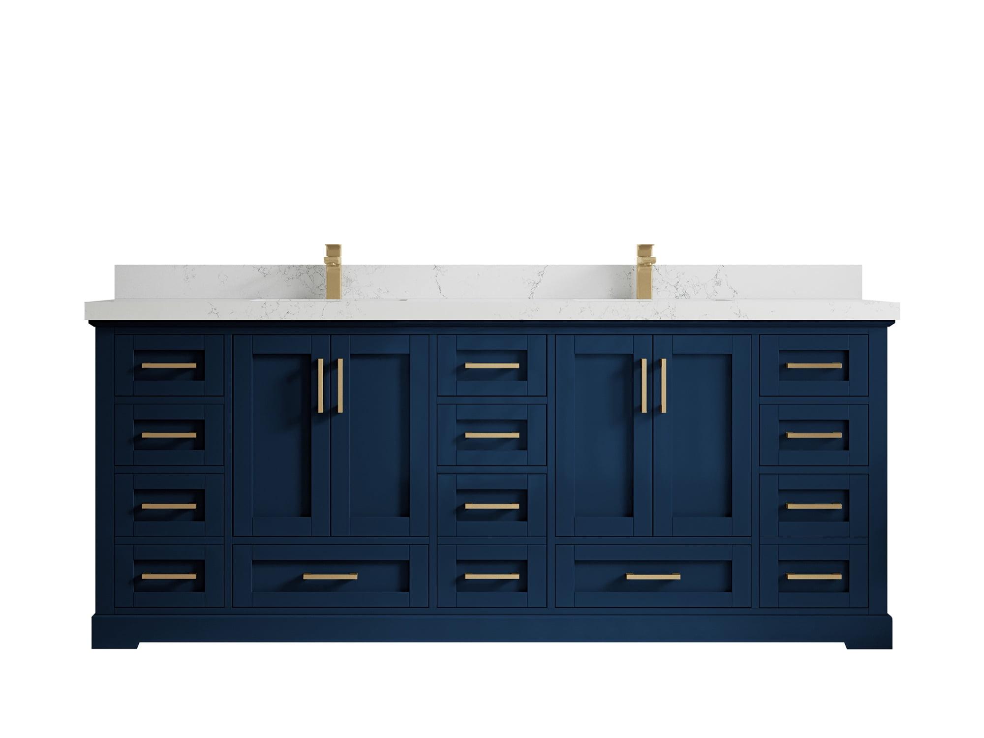 84" Navy Blue Solid Wood Double Sink Bathroom Vanity with Quartz Top