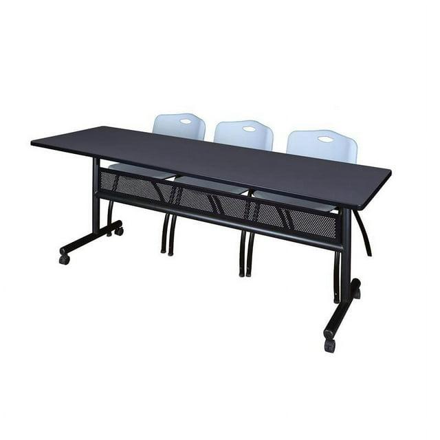 84" x 24" Flip Top Mobile Training Table w/ Divider- Grey & 3 Stack Chairs