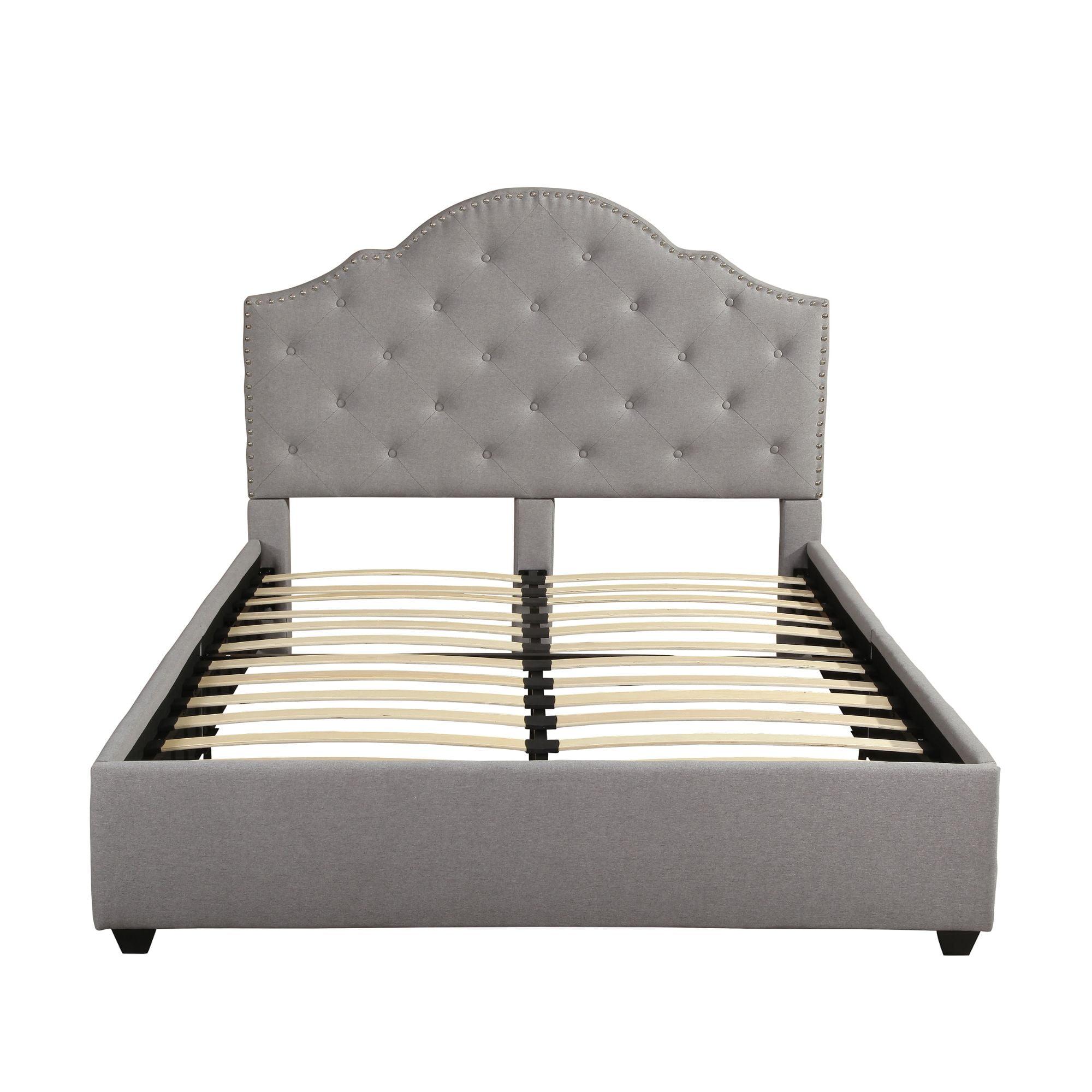 Contemporary Ash Gray Queen Platform Bed with Tufted Upholstery and Nailhead Trim