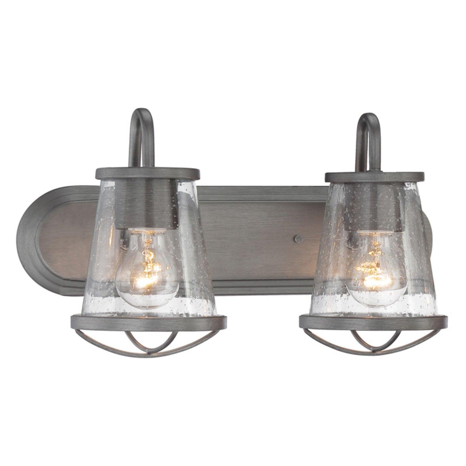 Darby Industrial 2-Light Vanity Sconce in Weathered Iron with Seedy Glass