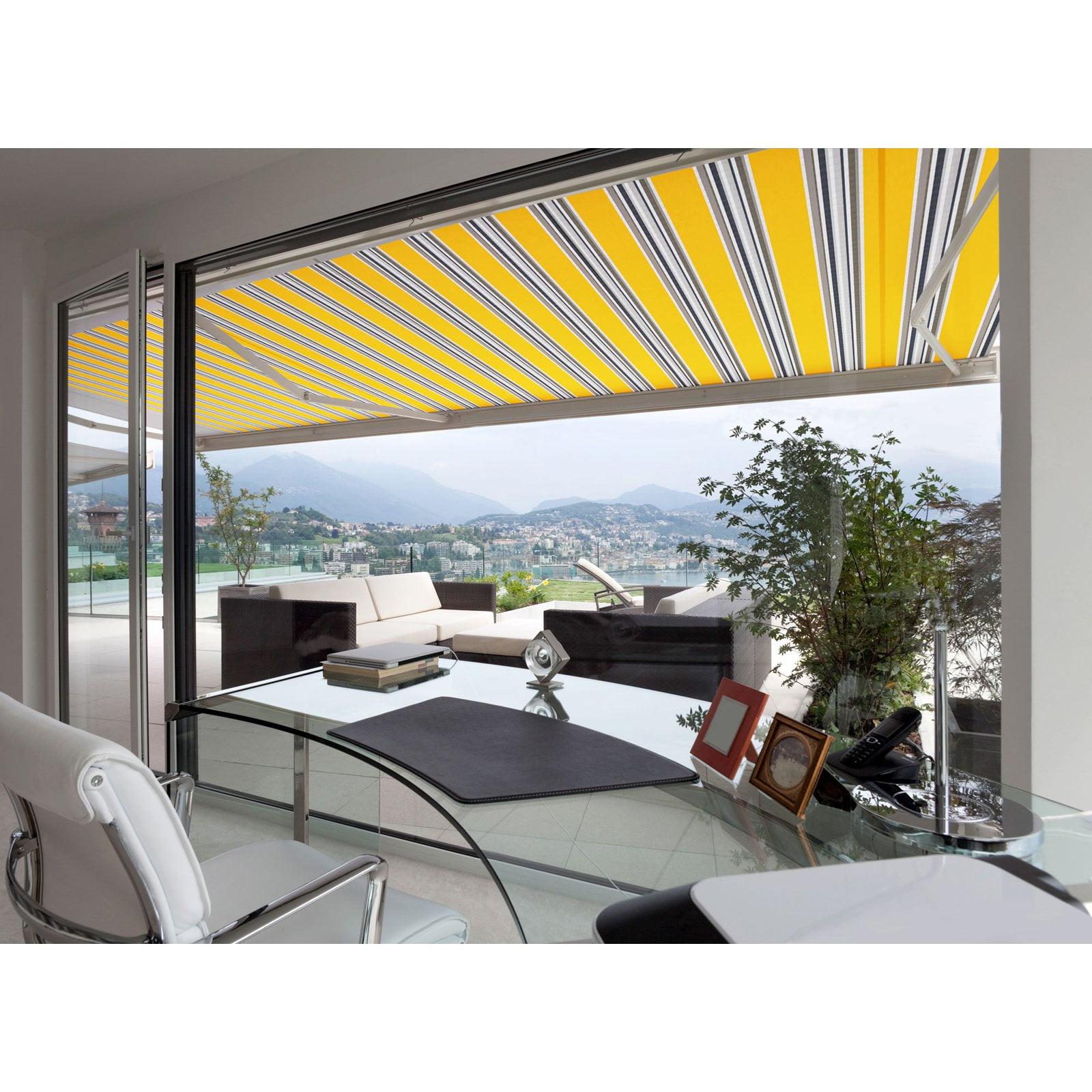 Sunny Yellow and Gray Striped Manual Retractable Patio Awning