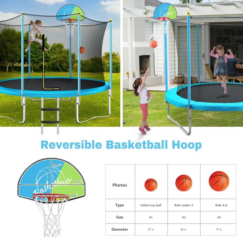 8ft Blue Round Kids Trampoline with Safety Enclosure and Basketball Hoop