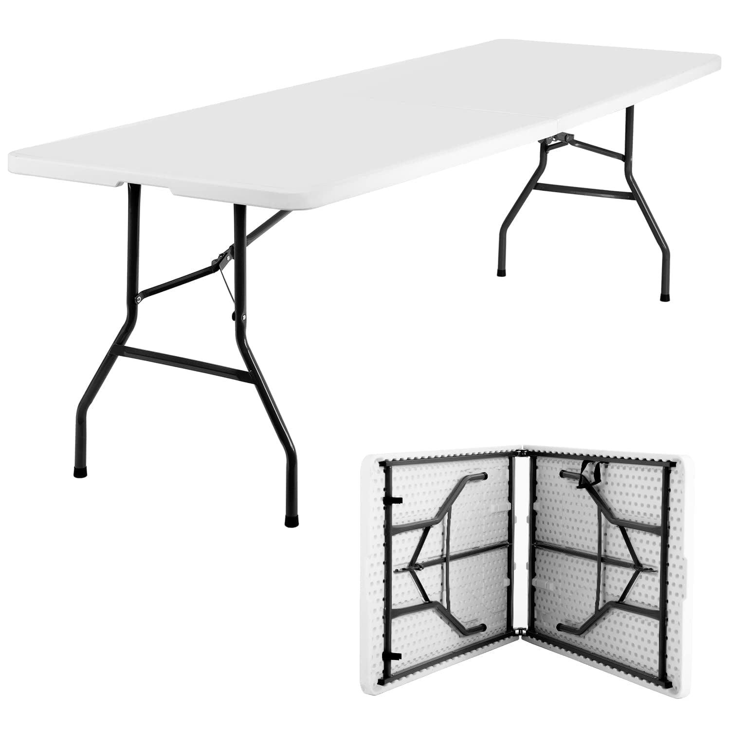 8ft White Folding Plastic Table with Steel Legs and Handle