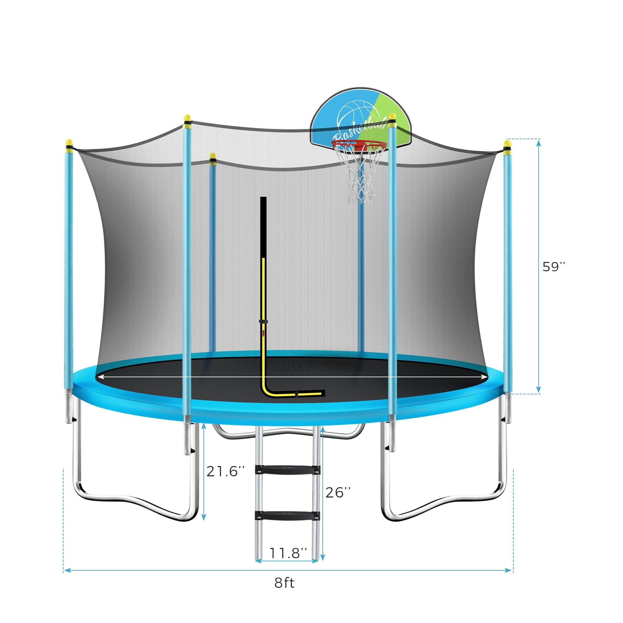 8ft Blue Round Kids Trampoline with Safety Enclosure and Basketball Hoop