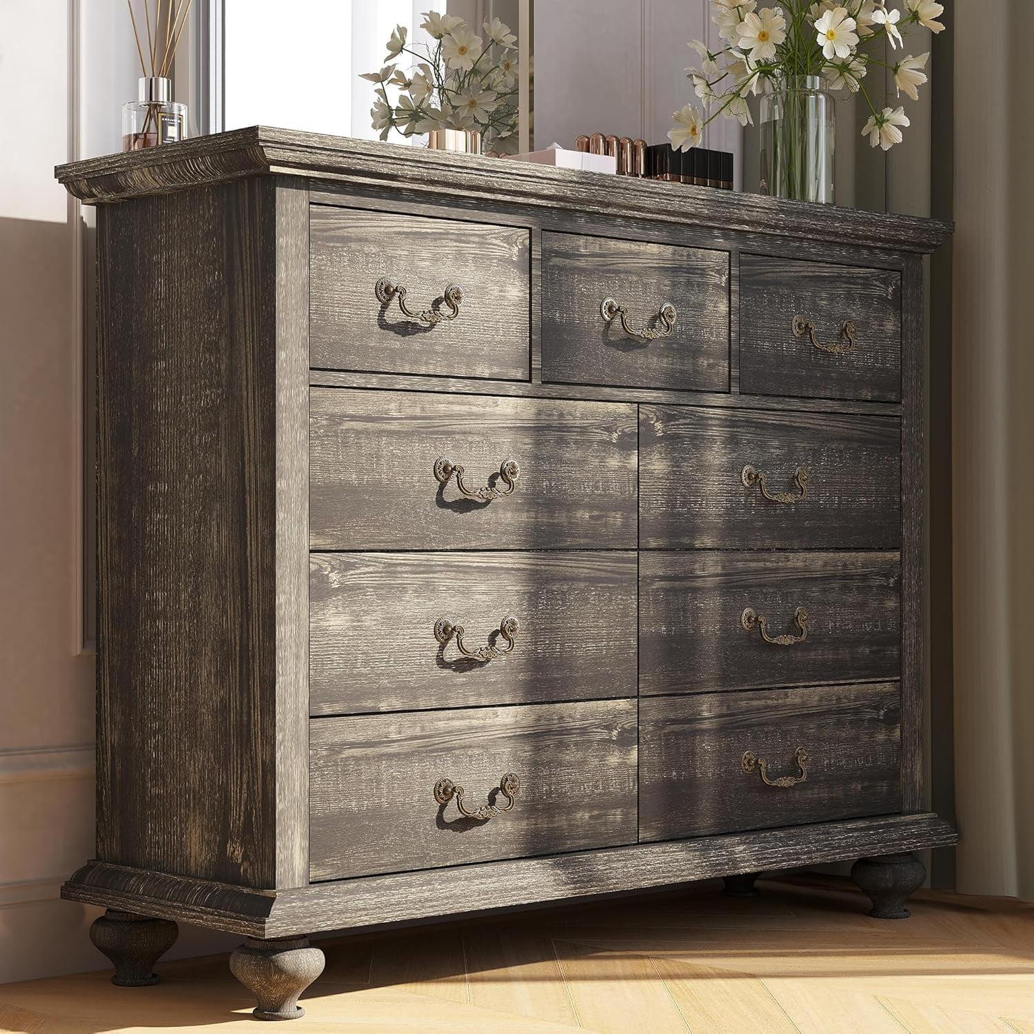 Black Rustic Wood 9-Drawer Dresser with Carved Handles