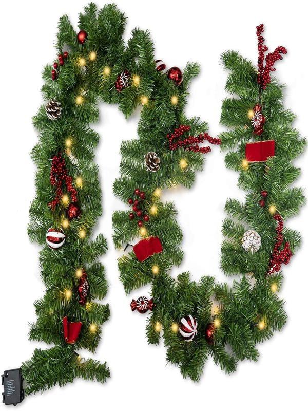 9 Feet Christmas Garland with 50 Lights, Battery Operated Artificial Christmas Flower Vine Plants with Pine Cone Red Berry Garlands for Indoor Outdoor Home Christmas Decorations