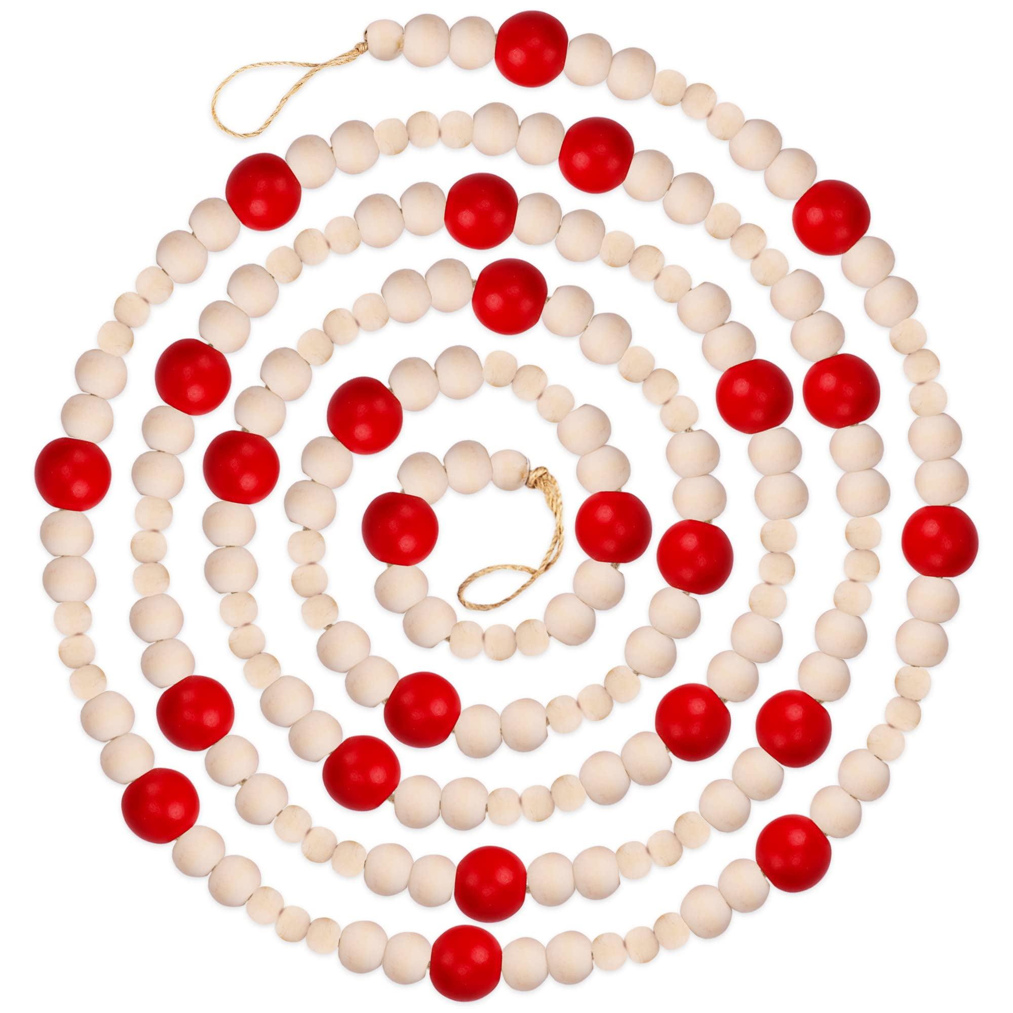 NorthPoleXpress Red & Natural Wooden Christmas Tree Garland, 9 Foot, Red & Natural Wood, Rustic Country Farmhouse Vintage, Assorted Bead Sizes
