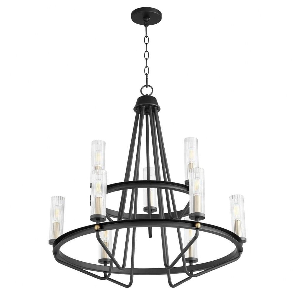 Transitional Industrial 28" Wagon Wheel Chandelier in Textured Black and Aged Brass