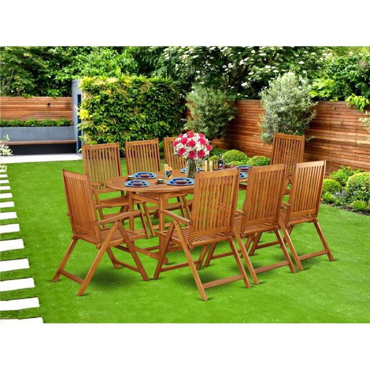 Acacia Wood 9-Piece Elegant Outdoor Dining Set in Natural Oil