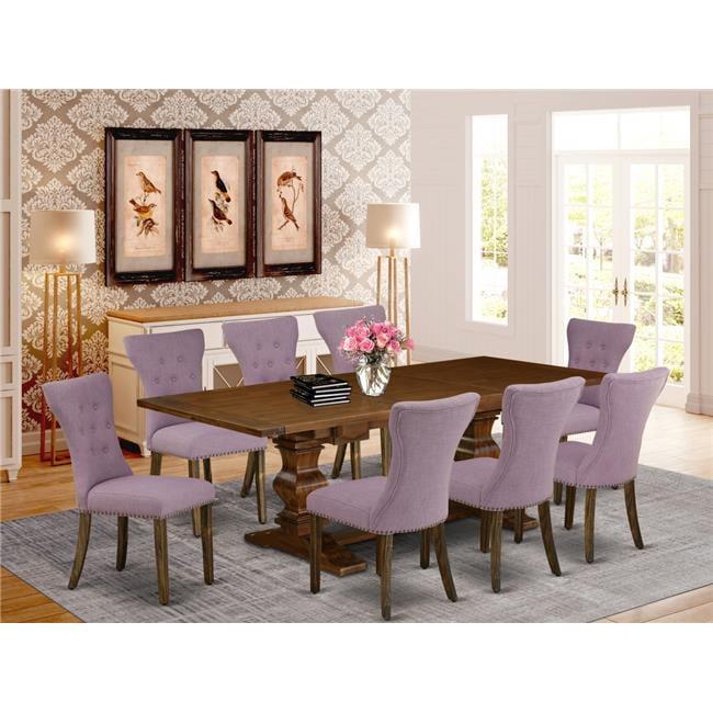 Antique Walnut 9-Piece Dining Set with Dahlia Linen Chairs