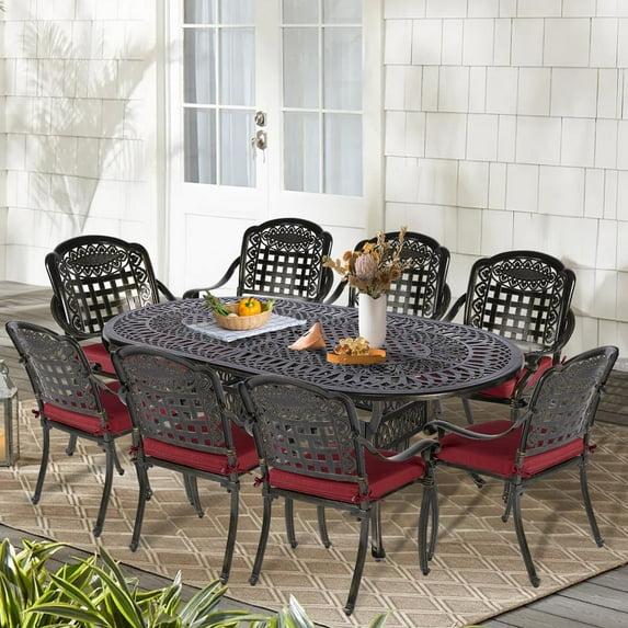 Wildon Home® 9-Piece Outdoor Patio Dining Set For 8, All Weather Cast Aluminum Patio Funiture Table And Chairs Set- 94.5" Rectangular Table And 8 Cushioned Chairs For Garden, 2" Umbrella Hole