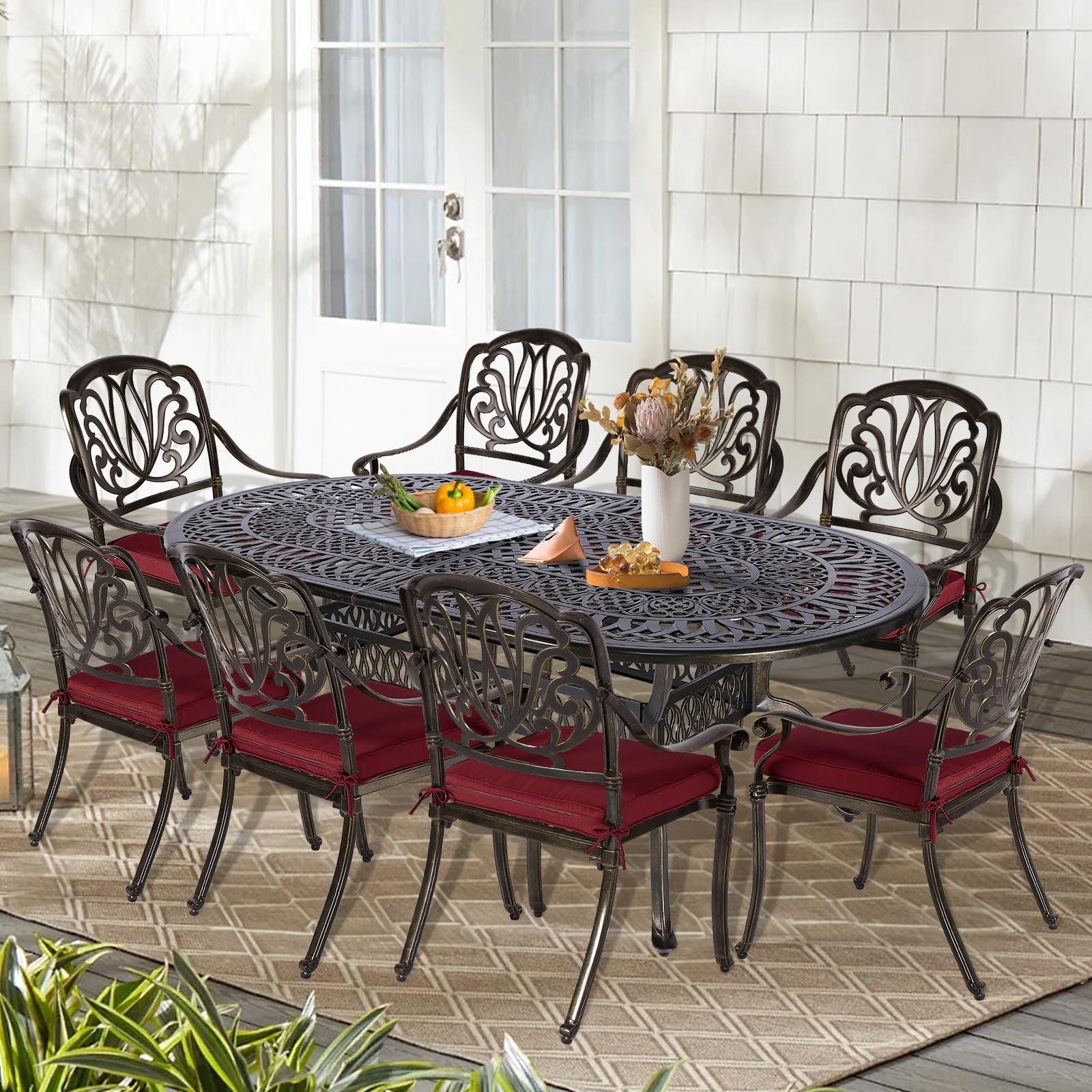 Antique Bronze 9-Piece Cast Aluminum Patio Dining Set with Red Cushions