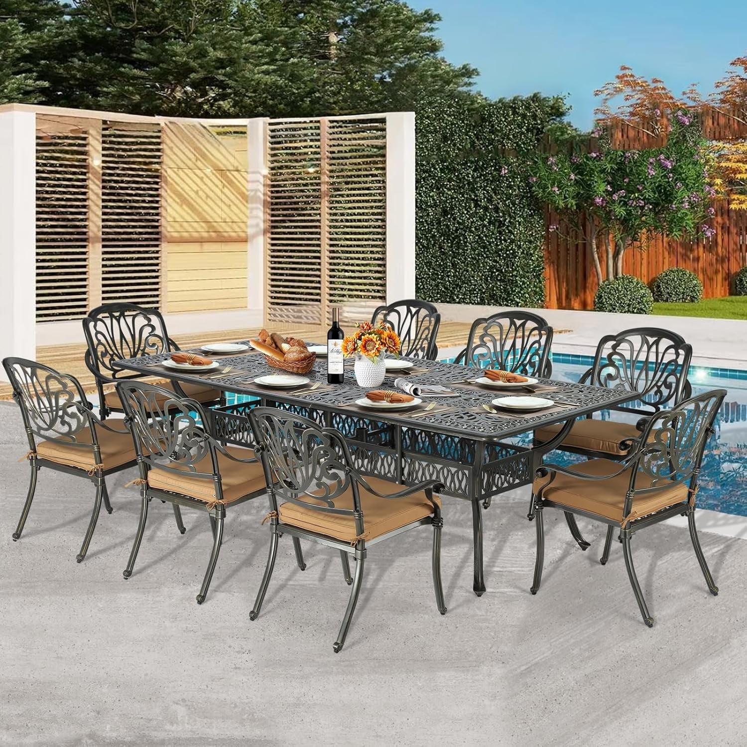 9-Piece Outdoor Patio Dining Set For 8, All Weather Cast Aluminum Patio Funiture Table And Chairs Set- 94.5" Rectangular Table And 8 Chairs For Garden, 2" Umbrella Hole